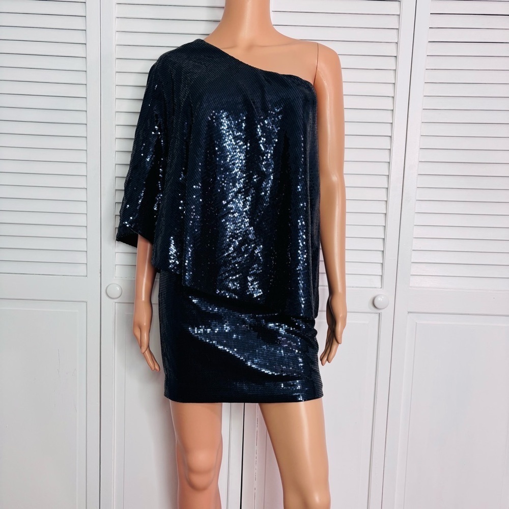 JAY GODFREY Navy Blue Sequin One Shoulder Mini Dress Size 2